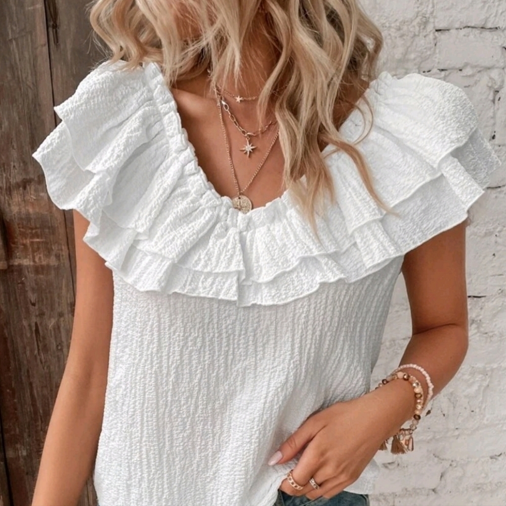 New Boho Textured Ruffle Top Blouse On / Off Shoulder White - Picture 3 of 9